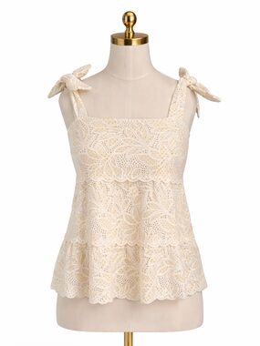 Sézane White Eyelet Tie Strap Peplum Top 100% Cotton Yellow Polka Dot Size 36/4